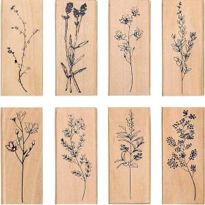 8 Pieces Vintage Wooden Rubber Stamps, Plant & Flower Decorative Mounted Rubber Stamp Set for DIY Craft, Letters Diary and Craft Scrapbooking
